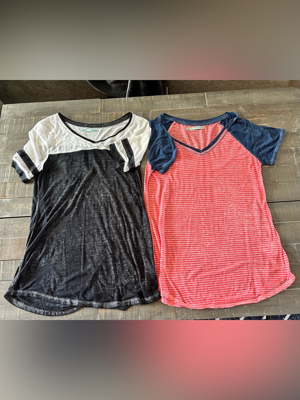 Maurices Coral & White Striped Tee with Navy Neckline